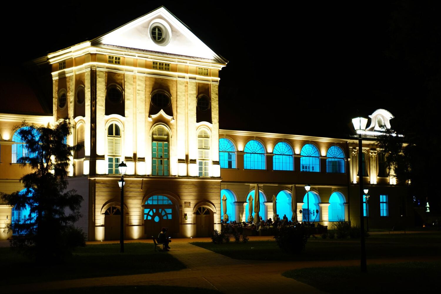 Building facade illuminated at night