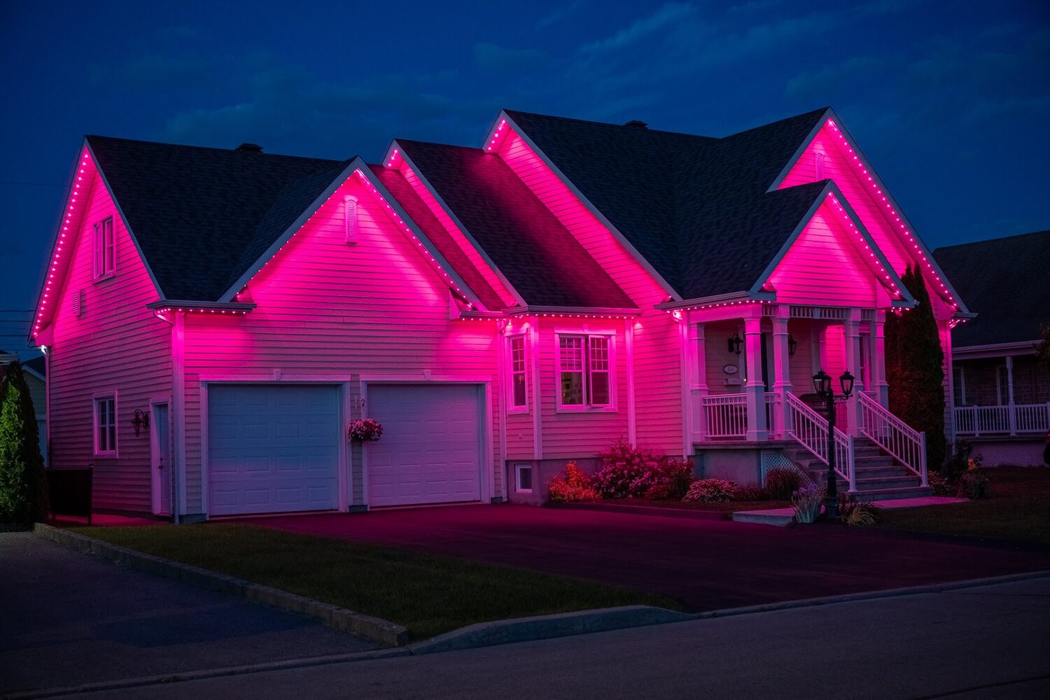 Home lit entirely in hot pink