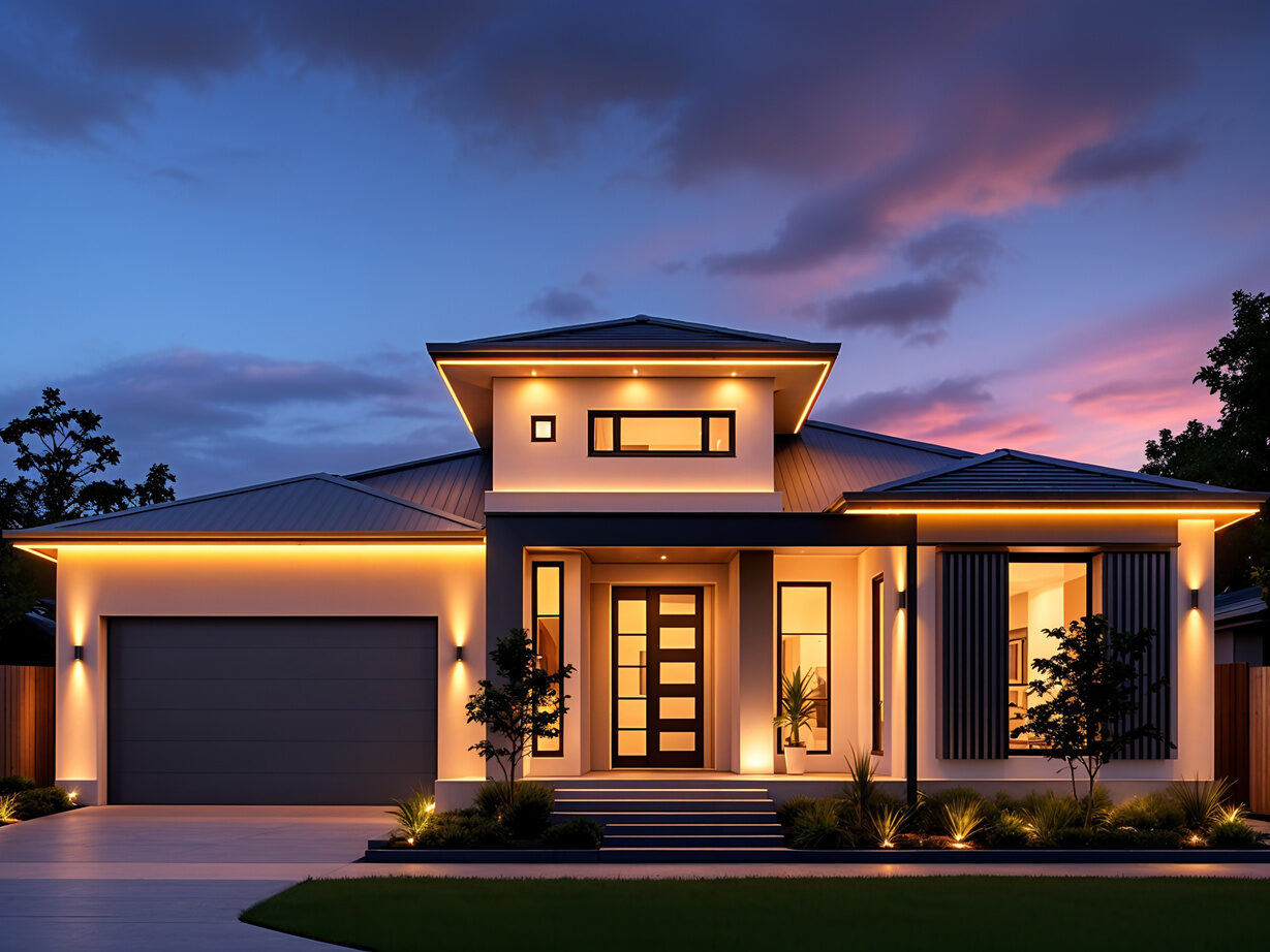Modern home with continuous linear accent lighting under the eaves