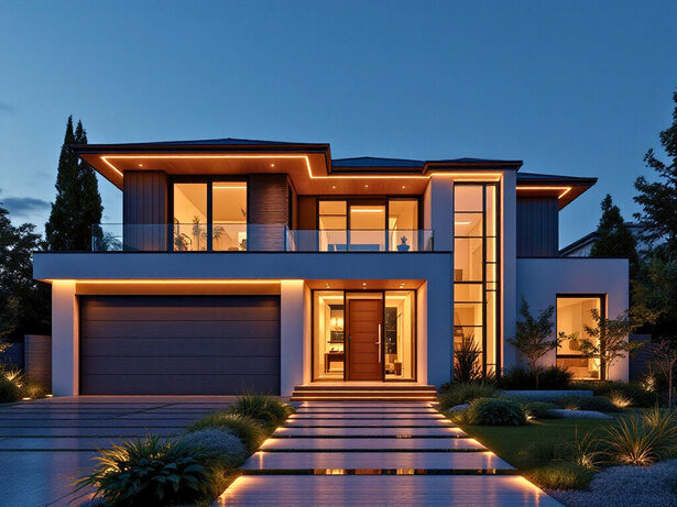 Modern home entrance with lit steps and a warm-lit facade