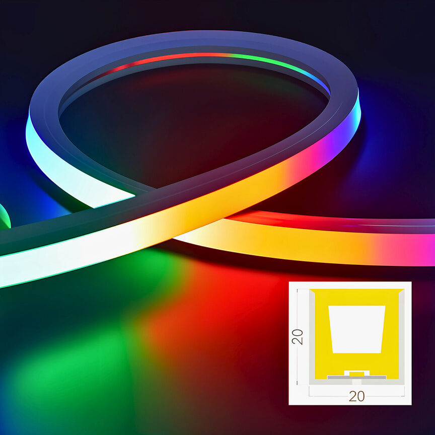Coil of IllumiDEL addressable neon flex lit in several colours at once