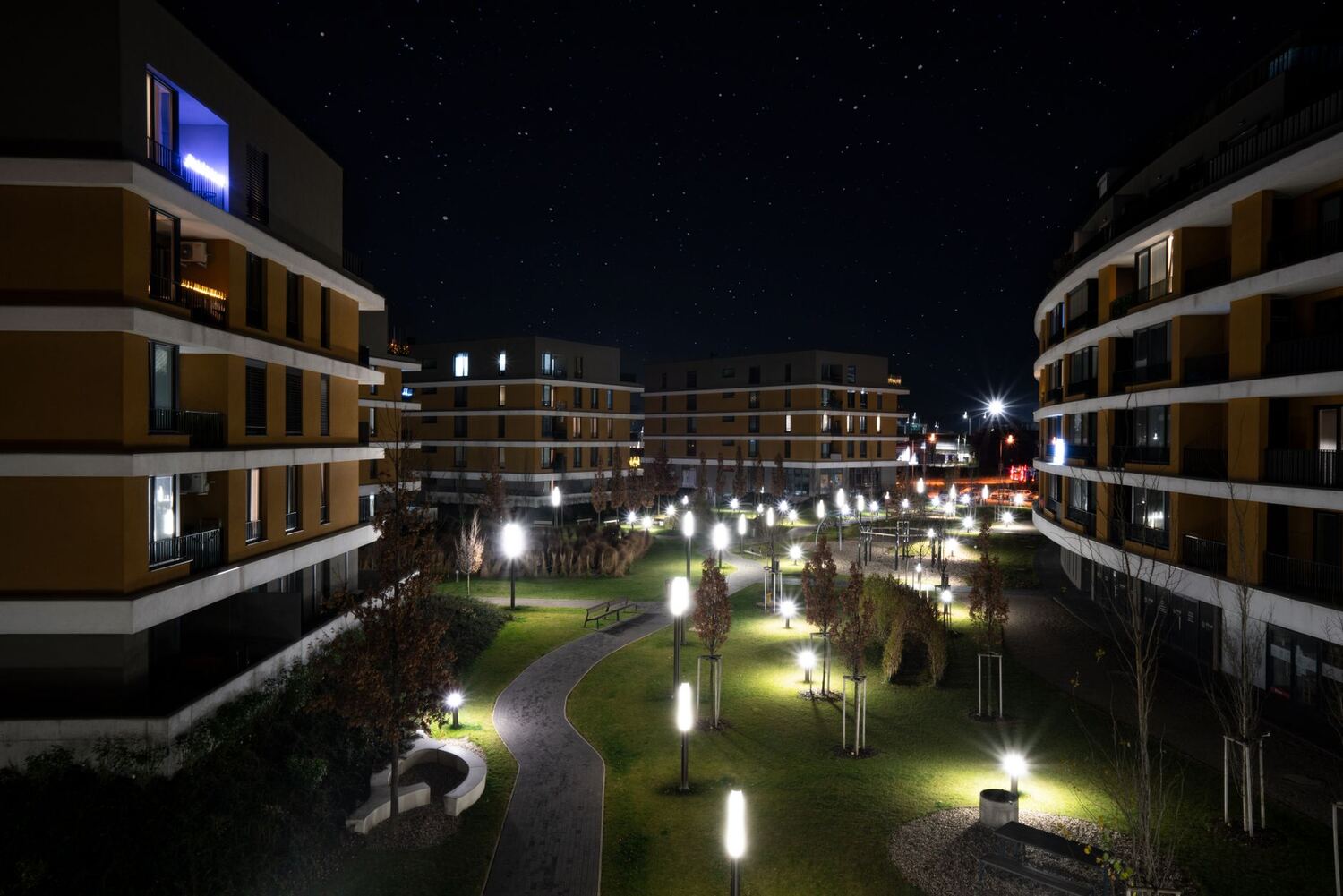 Apartment complex illuminated at night