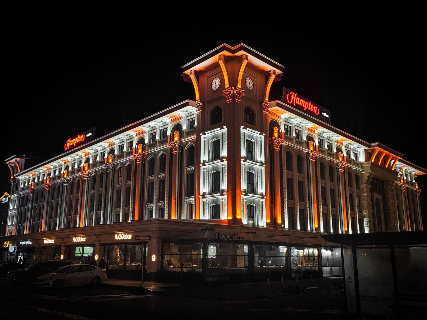 Illuminated hotel facade at night